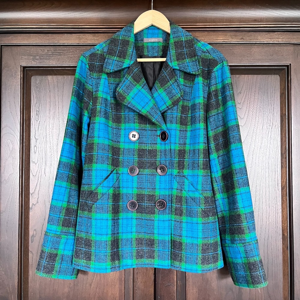 LIZ CLAIBORNE Plaid Peacoat Jacket Wool Blend Lined Double Breasted Womens L